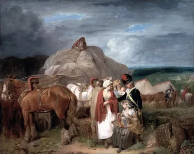 Soldier With Country Women Selling Ribbons Near A Military Camp