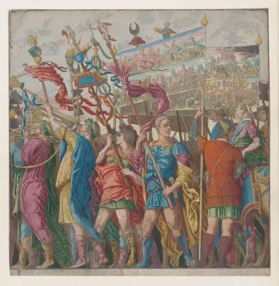 Soldiers Carrying Banners Depicting Julius Caesars Triumphant Military Exploits