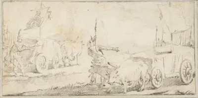 Soldiers Driving Ox Carts With Banners