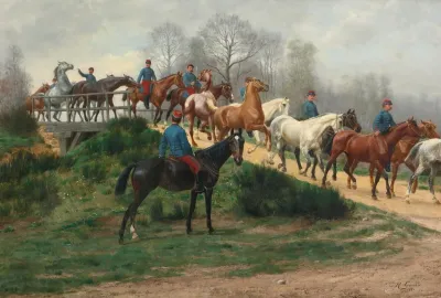 Soldiers Leading Horses Over A Bridge