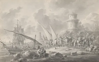 Soldiers Loading Barges For A Large Sailing Ship Along The Coast