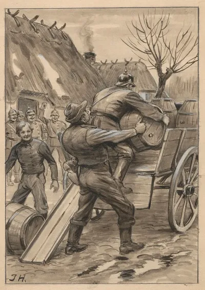 Soldiers Loading Barrels Onto A Horse Drawn Cart