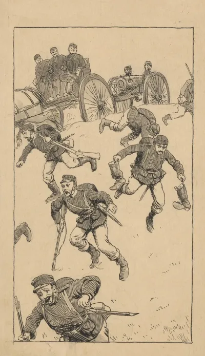 Soldiers Running Other Soldiers Aboard Horse Drawn Carriages And Still Others Walking Behind A Cannon