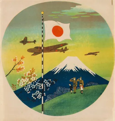 Soldiers Saluting The National Flag With Children As Warplanes Fly Past Near Mount Fuji