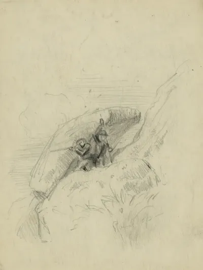 Soldiers Shooting From Behind Rock At Round Top
