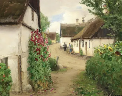 Sommerdag I En Landsbygade Med Solsikker Og Rode Stokroser
