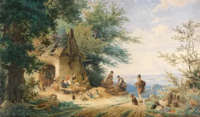 Sommerliche Landschaft Mit Bauern Bei Der Flachsverarbeitung