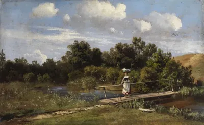 Sommerliche Landschaft Mit Einer Wascherin