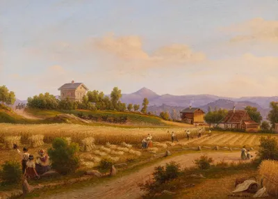Sommerliche Landschaft Mit Kornernte