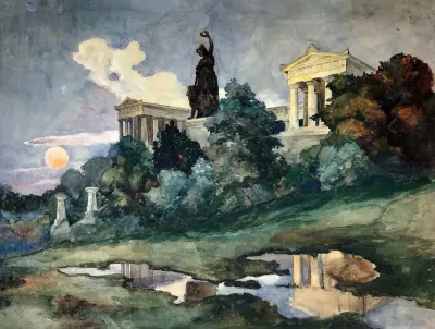 Sonnenuntergang An Der Bavaria Und Ruhmeshalle In Munchen