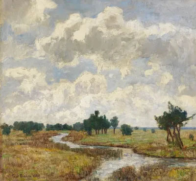 Sonnig Wolkiger Himmel Uber Moorigen Wiesen Mit Bachlauf