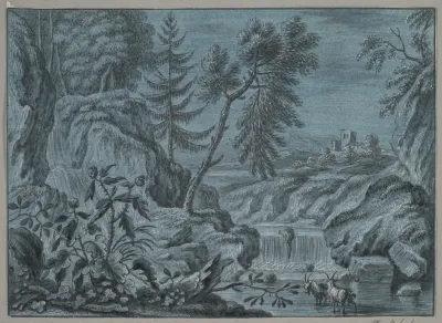 Southern Landscape With A Waterfall And Goats Late