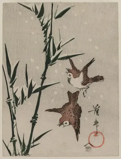 Sparrows Bamboo And Falling Snow