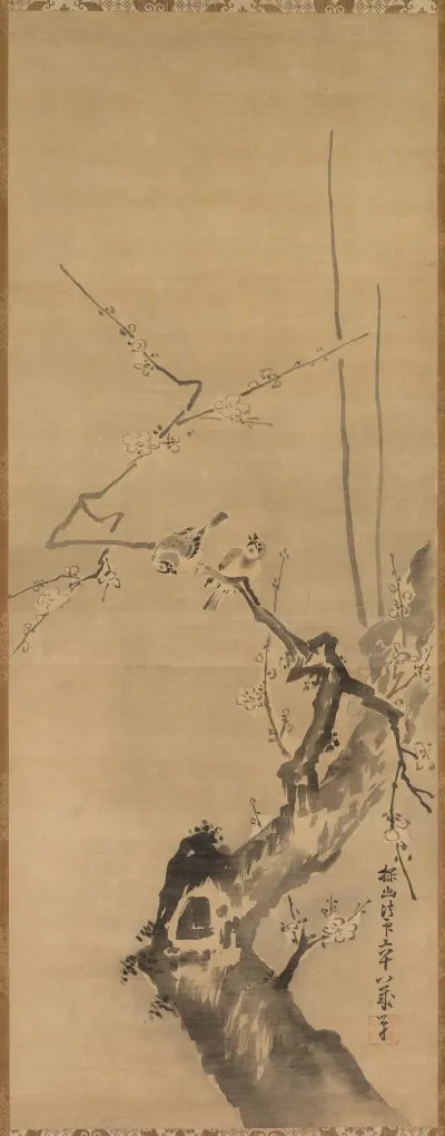 Sparrows On Blossoming Plum A Sage With Tiger Chinese Bird On Snow Laden Branch