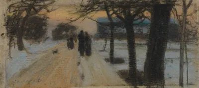 Spazierganger Auf Schneebedeckter Strasse Am Abend