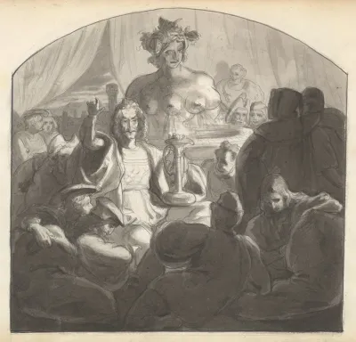 Speaker Addressing Male Figures Gathered At Night Around A Fountain