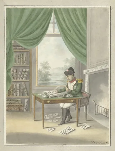 Spotprent Op Napoleon Klaas Bonaparte In Zijn Studeervertrek Op T Eiland Elba 1814