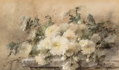 Spray Of White Chrysanthemums On A Stone Ledge