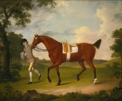 Sprightly A Ladys Hack Held By A Groom In A Landscape