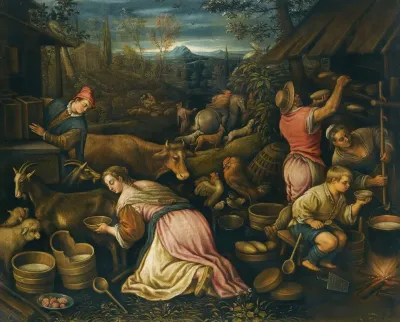 Spring A Village Scene With Peasants Milking Goats And Baking Bread
