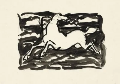Springend Paard Met Het Hoofd Naar Achteren Gedraaid In Een Kader Met Op De Achtergrond Golven