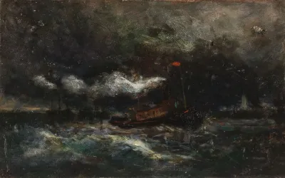 Squall Brenton Light Boat In Storm_lighthouse In Background