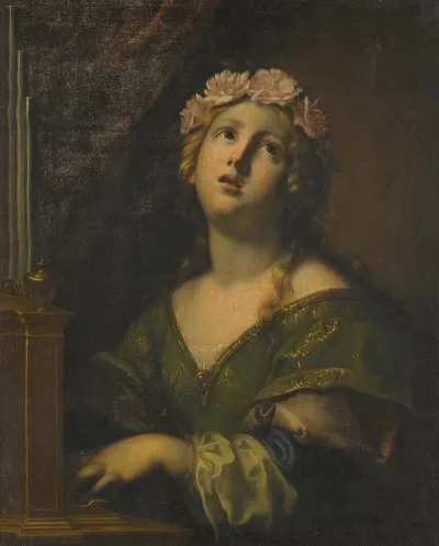 St Cecilia Wearing A Crown Of Flowers Playing An Organ