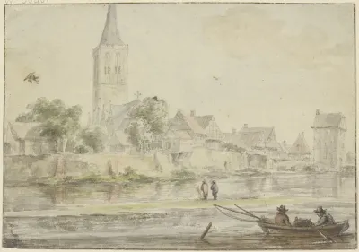 Stadt Am Wasser Mit Kirche Rechts Ein Turm Vorne Kahn Mit Zwei Personen