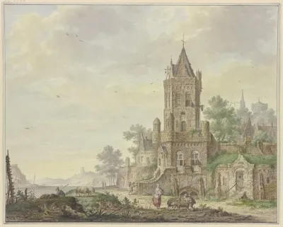 Stadt Mit Einem Alten Turm Am Wasser Vorne Eine Frau Bei Einem Knaben Mit Zwei Schafen