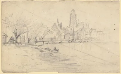 Stadt Mit Gotischer Kirche Am Flus