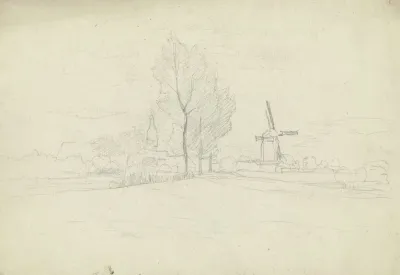 Stadt Mit Windmuhle Und Baumreihe