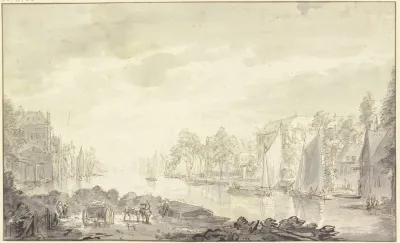 Stadtansicht Am Fluss Vorne Ein Wagen Und Pferde