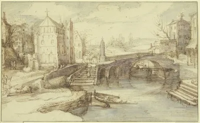 Stadtansicht Mit Einer Brucke Unter Welcher Ein Schiff Durchfahrt Dabei Eine Treppe Die Eine Frau Mit Einem Korbe Hinaufsteigt