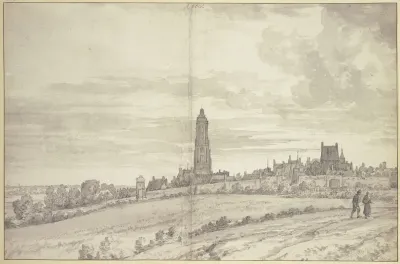 Stadtansicht Mit Einer Kathedrale Und Langer Stadtmauer