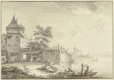 Stadttor Bei Einem Turm Am Wasser Oestrich Vorne Ein Kahn Mit Drei Personen Und Einem Hund