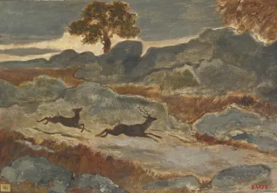 Stag And Doe In Flight