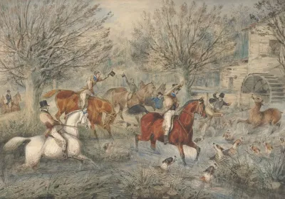 Stag Hunting The Hind At Bay In A Mill Stream Below A Water Mill Right