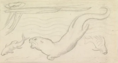 Stained Glass Study An Otter And Two Fish