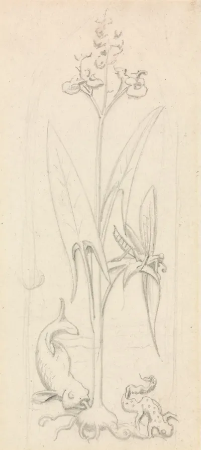 Stained Glass Study Water Plant With Grasshoper Fish And Newt 2