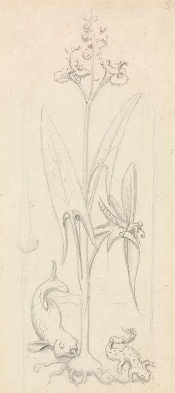 Stained Glass Study Water Plant With Grasshoper Fish And Newt