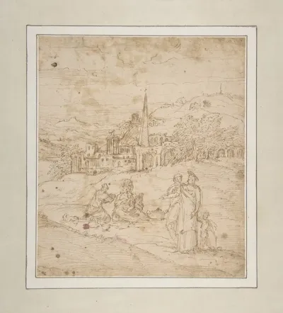 Standing And Seated Figures In A Landscape With An Obelisk