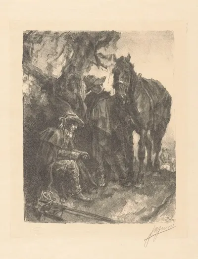 Standing And Seated Man Near A Saddled Horse