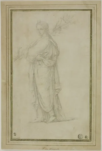 Standing Draped Female Figure Carrying Trumpet Flowers
