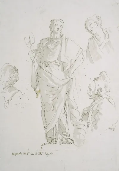 Standing Female Figure On A Pedestal And Three Studies Of Heads