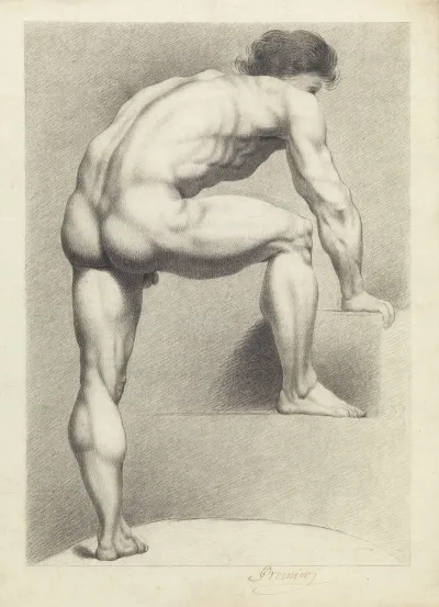 Standing Male Nude Right Foot And Arm Resting On A Block