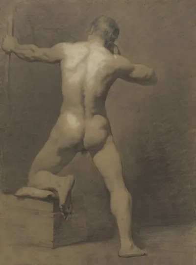 Standing Male Nude With Handbow Seen From Behind