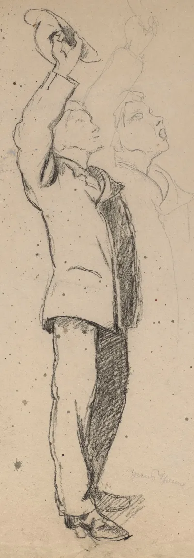 Standing Man Holding A Hat In His Raised Right Hand