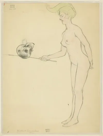 Standing Naked Woman With A Stick And A Skull