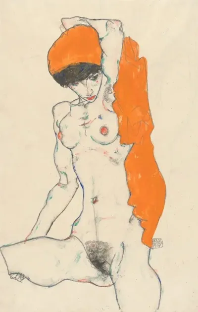 Standing Nude With Orange Drapery