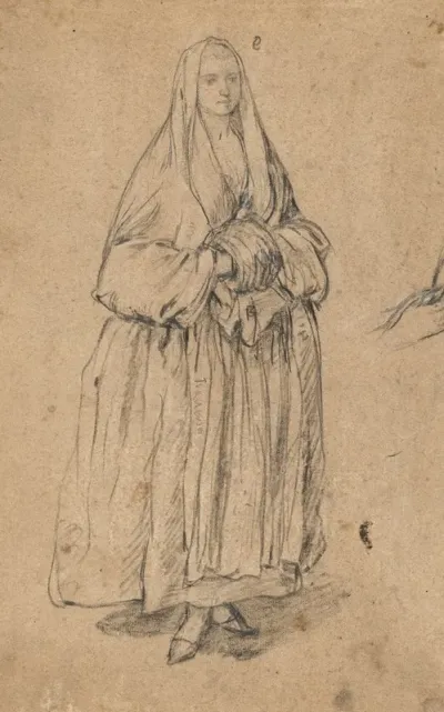 Standing Woman Holding A Muff Turned Slightly To The Right